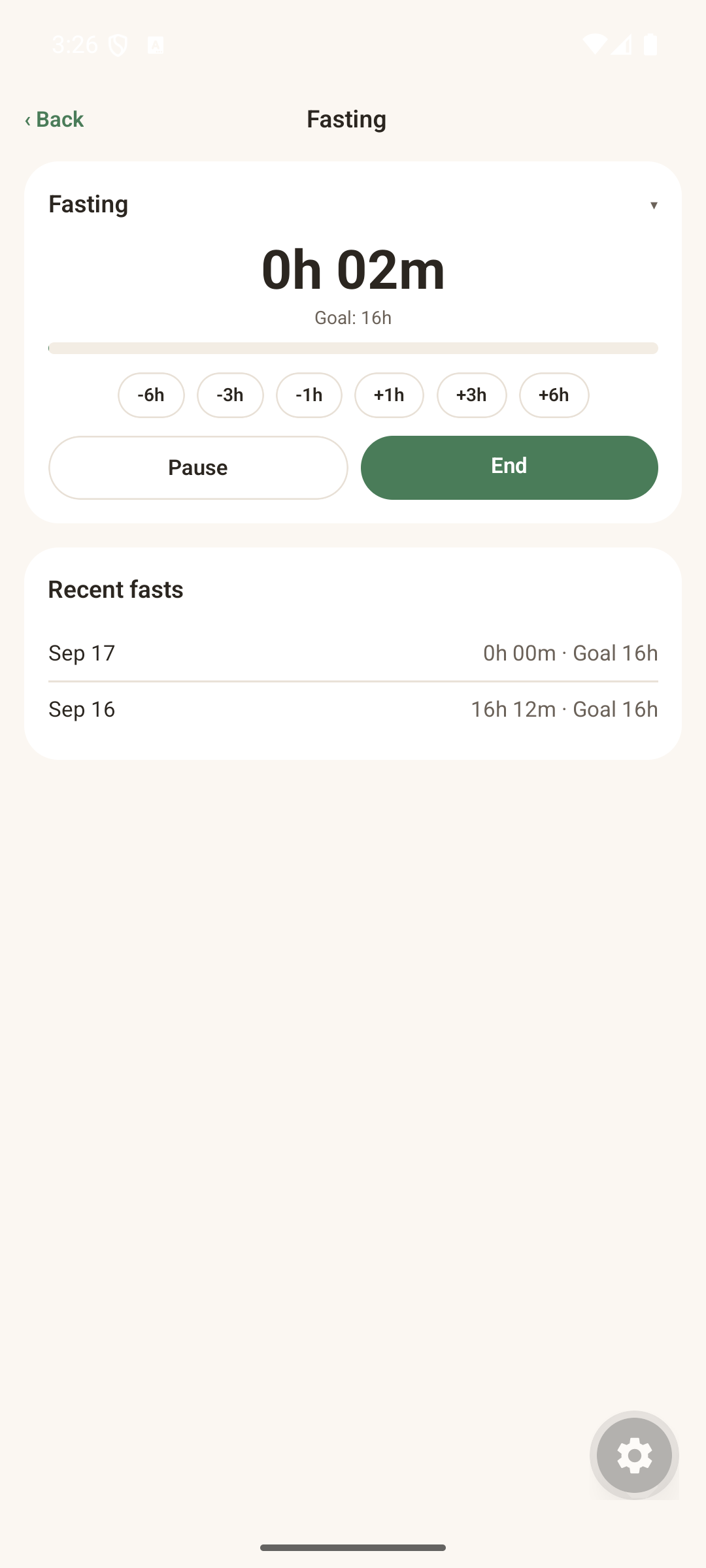 Fasting screen with an active fast timer and recent fasting history