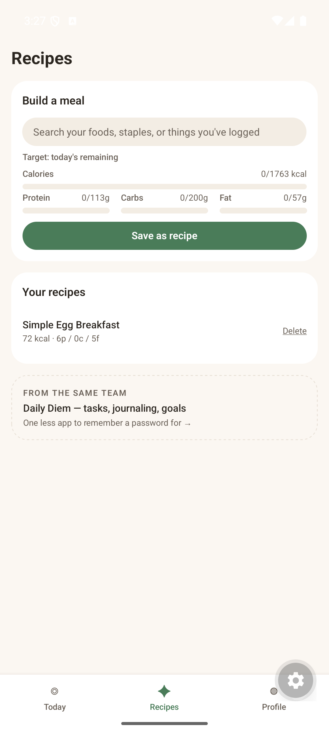 Build a meal screen with a saved recipe and search bar