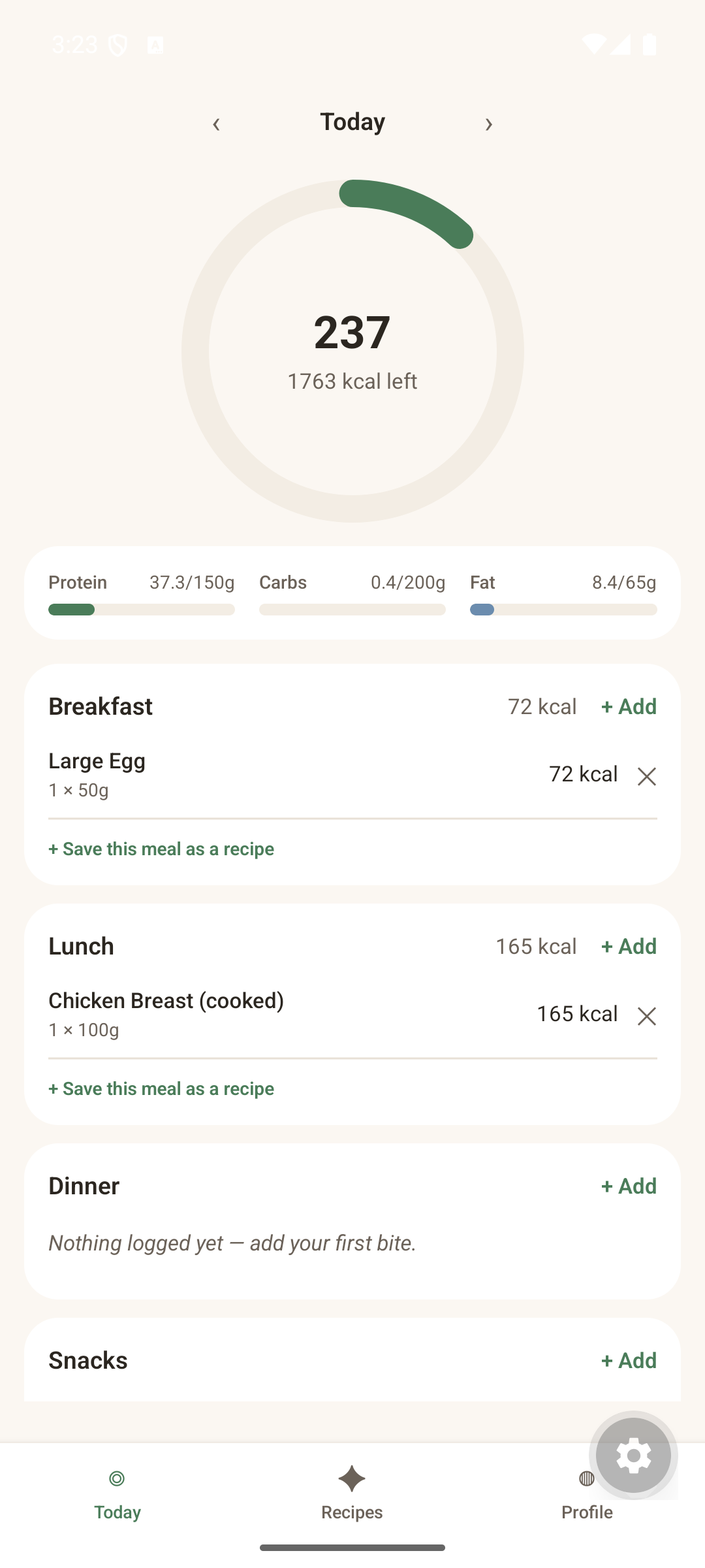 Today screen showing logged meals, calories left, and macro progress